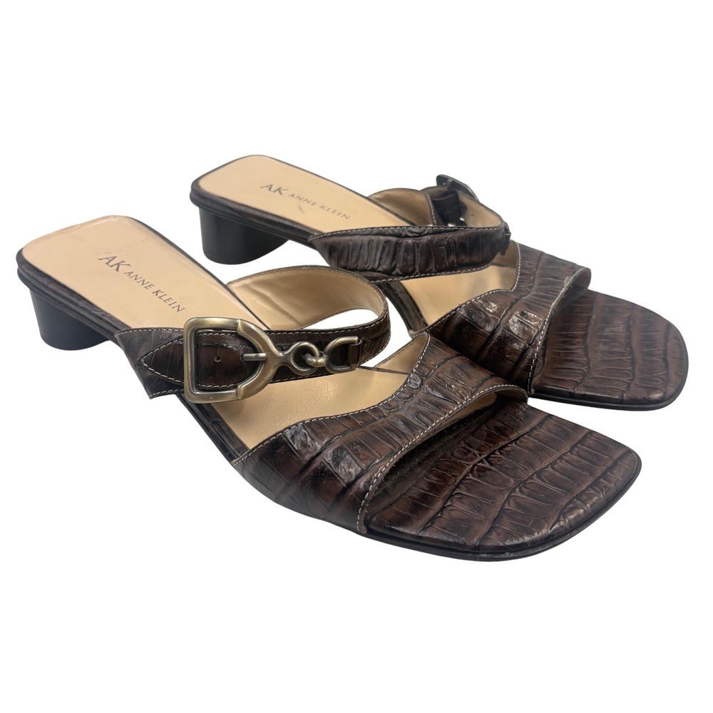 VTG Y2K Anne Klein Heeled Sandals Women 10M Brown Croc Embossed Square Toe Slide